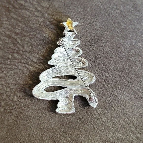 VTG Silvertone Swirled Christmas Tree Star Holiday Brooch Pin - Picture 2 of 5